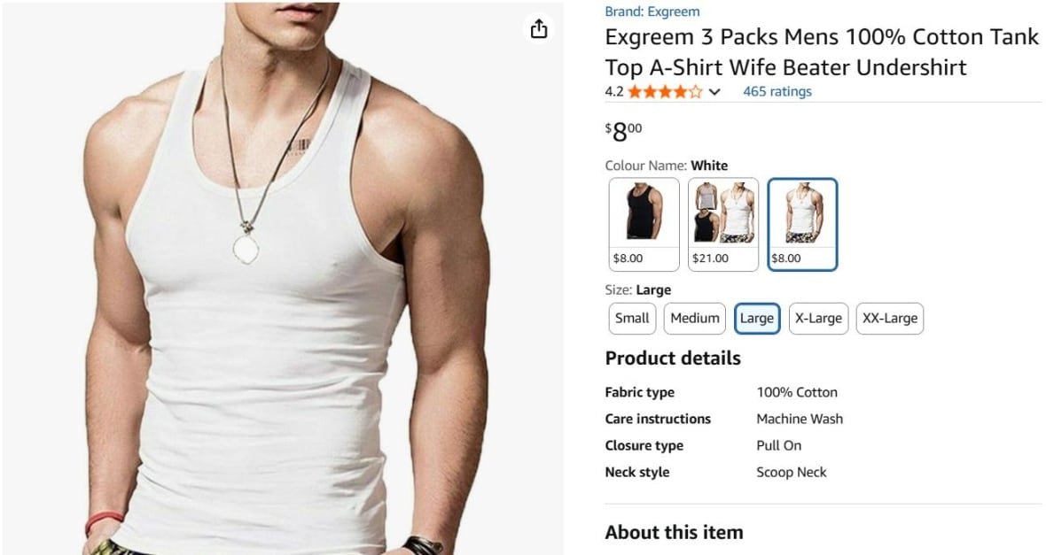 An Amazon ad for a men's 'wife beater' tank top.