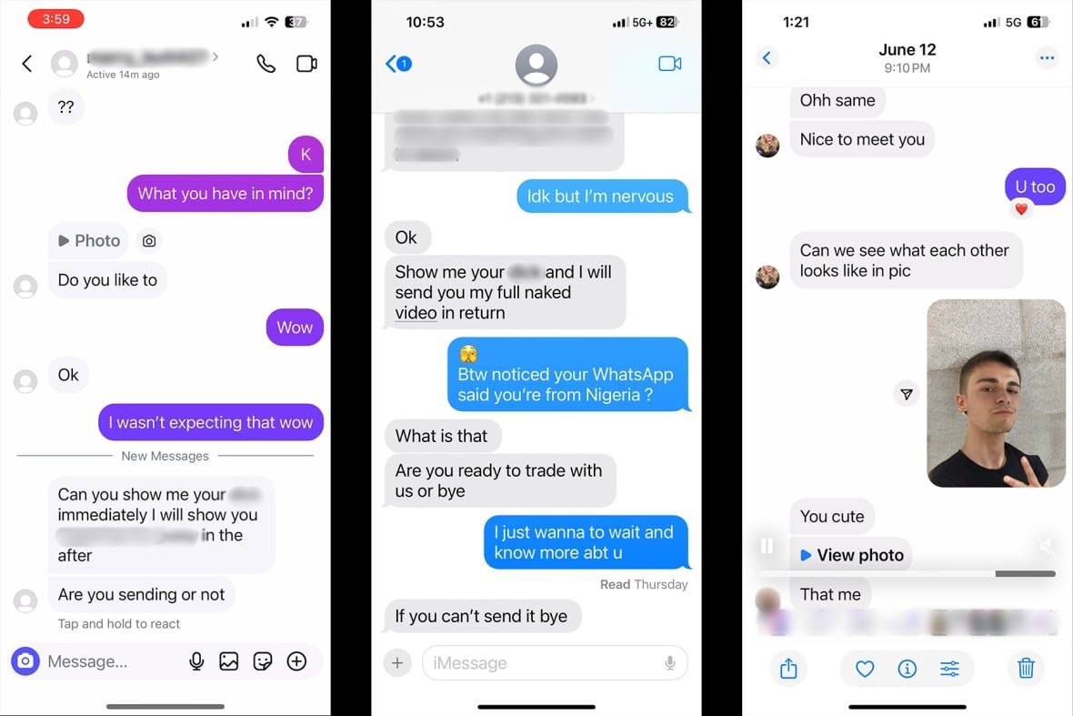 Screenshots of explicit text messages on phones. One message reads "Can you show me your ___, immediately I will show you fingering my ___ in the after"