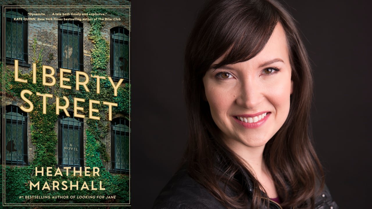 A book cover of a woman looking out of a building covered in vines. A headshot of a woman with brown hair smiling.