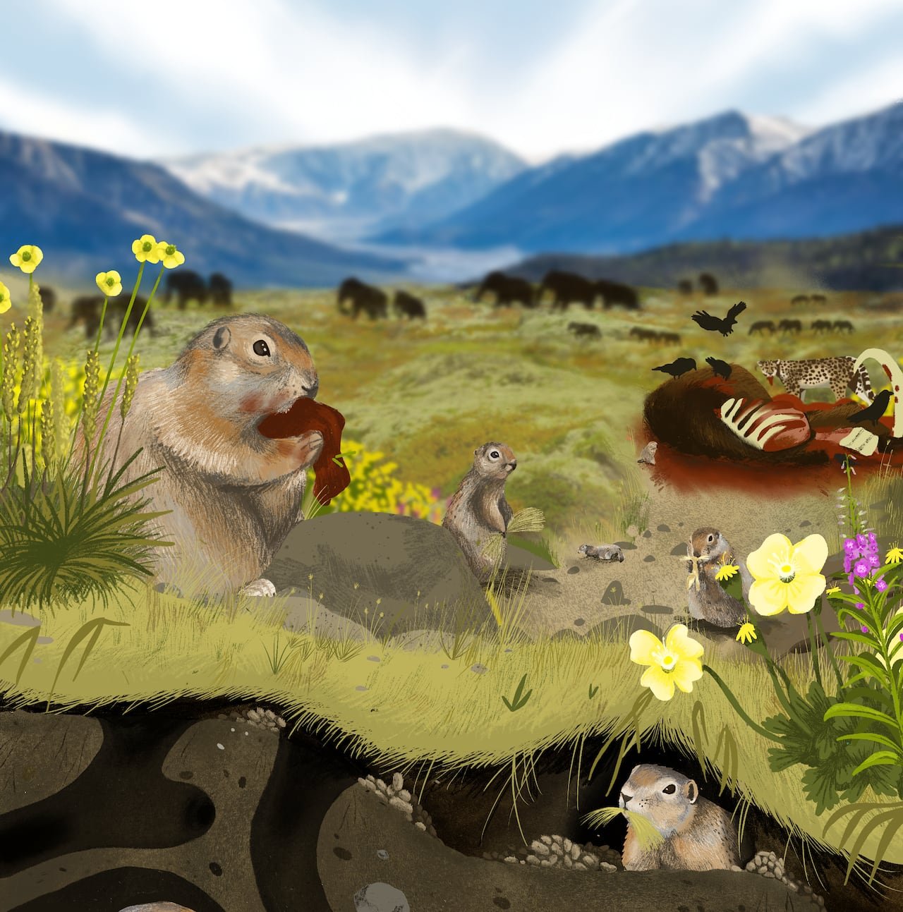 Illustration of Arctic ground squirrels in the Pleistocene Yukon